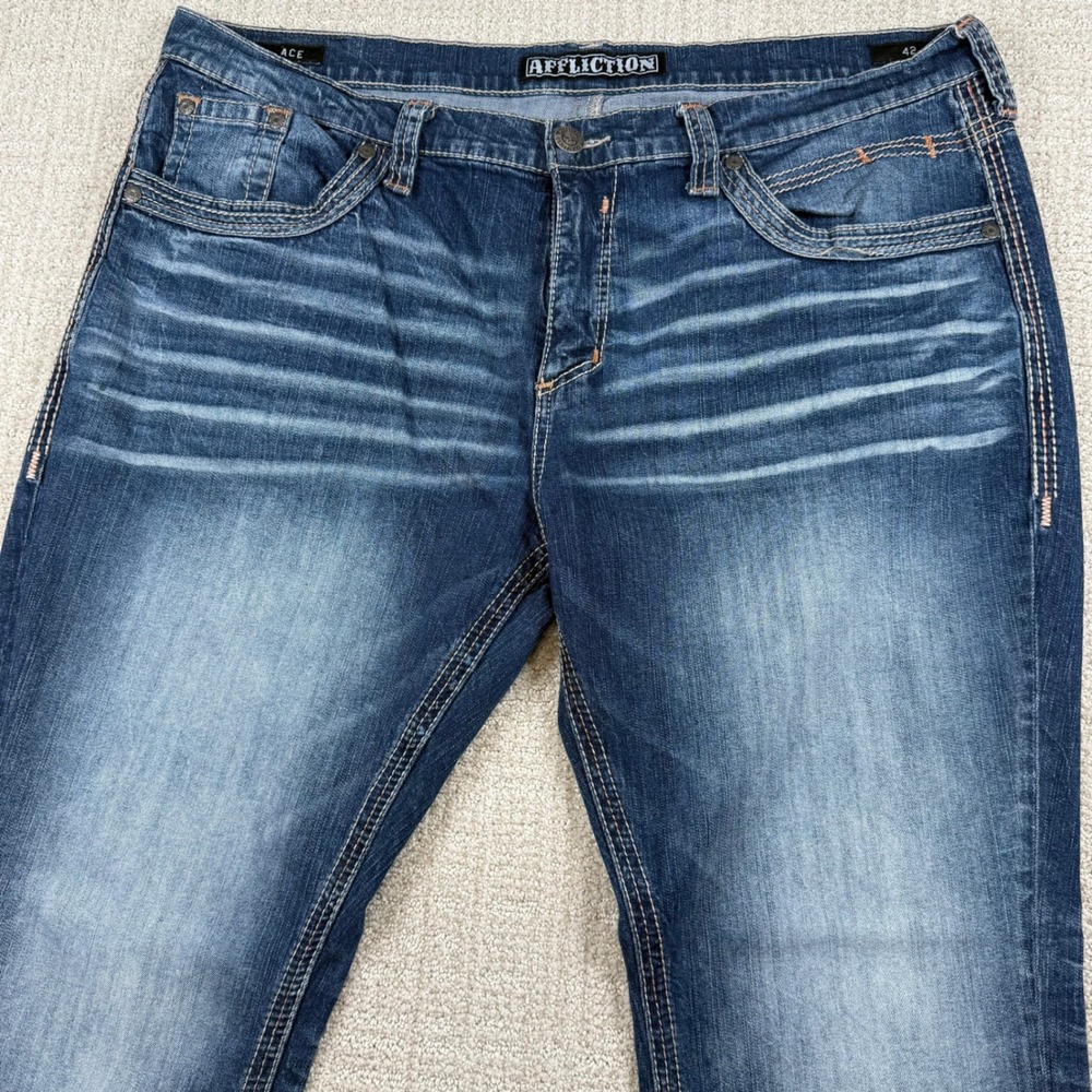 Affliction Mens 42x34 Ace Embroidered Straight Leg Denim Blue Jeans - Picture 4 of 12